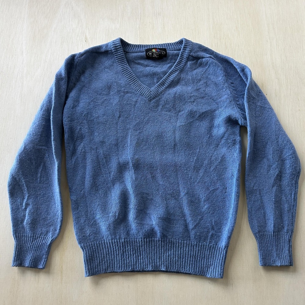 Vintage Fruit Of The Loom Sweater Mens Small Blue Shetland Wool Knit V Neck